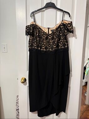 Black Lace Overlay Off-Shoulder Dress with Nude Lining